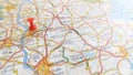 A red pin stuck in Nottingham on a map of England Royalty Free Stock Photo