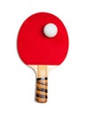 A red ping pong paddle with ball on white Royalty Free Stock Photo