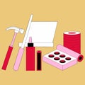 Red Pink and Black Tools and Materials on Beige Background Hammer Screwdriver Adhesive Rolls of Material Royalty Free Stock Photo