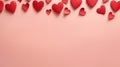 Red and pink fabric hearts scattered across a soft pink background. AI generated Royalty Free Stock Photo