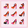 Red and pink funky and modern platform high heels summer shoes icons set Royalty Free Stock Photo