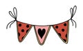 Red and pink garland with heart, vector icon. Cute triangular polka dot flags hanging on a rope. Bright holiday