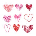 Red and pink Hearts drawn with crayons icons set. Hand drawn textured hand drawn vector illustrations for Valentine Royalty Free Stock Photo