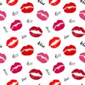 Red and pink lip marks isolated on white background trendy seamless pattern with word `kiss` in diffrent fonts. Vector illustratio