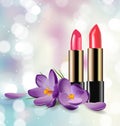 Red and pink lipstick on blurred background with sparkles. Beauty and cosmetics background. Vector.