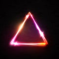 Red pink neon abstract triangle background. Glowing frame. Vintage electric sign. Burning symbol on black wall. Pointer Royalty Free Stock Photo