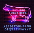 Red and Pink Neon BBQ Cow sign on a brick background . BBQ of Neon-Style. Royalty Free Stock Photo