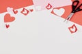 Red and pink paper hearts on white background. Valentine`s day, love, wedding concept Royalty Free Stock Photo