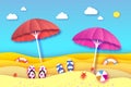 Red and pink parasol - umbrella in paper cut style. Origami sea and beach with lifebuoy. Sport ball game. Clouds