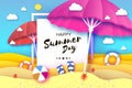 Red and pink parasol - umbrella in paper cut style. Origami sea and beach with lifebuoy. Sport ball game. Flipflops Royalty Free Stock Photo