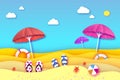 Red and pink parasol - umbrella in paper cut style. Origami sea and beach with lifebuoy. Sport ball game. Flipflops Royalty Free Stock Photo