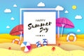 Red and pink parasol - umbrella in paper cut style. Origami sea and beach with lifebuoy. Sport ball game. Flipflops Royalty Free Stock Photo