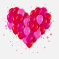 Red Pink Realistic 3d Heart Bunch of Balloons Flying for Party and Celebrations with confetti.