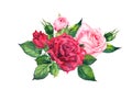 Red, pink roses - floral composition. Watercolor for wedding card