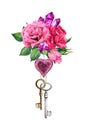 Red, pink roses with heart, two keys, feathers, crystal gemstone. Romantic watercolor bouquet for Valentine day, wedding Royalty Free Stock Photo