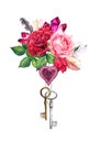 Red, pink roses with heart, two keys, feathers, crystal gemstone. Watercolor in boho style for Valentine day, wedding Royalty Free Stock Photo