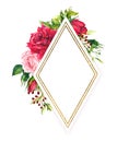 Red and pink roses with spring green grass, golden border. Watercolor frame with flowers, meadow herbs and gold Royalty Free Stock Photo