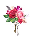 Red, pink roses with two keys, feathers, crystal gem stones. Watercolor in luxury style for Valentine day, wedding