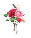 Red, pink roses with two keys and feathers. Watercolor in boho style for Valentine day, wedding Royalty Free Stock Photo