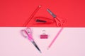 Red and pink stationery. flat lay