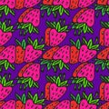 Red and pink strawberries, hand drawn doodle on blue background