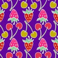 Red and pink strawberries, yellow and red cherry, white outline on bright blue background Royalty Free Stock Photo