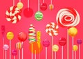 Red pink sugar background with bright colorful lollipops candy sweets. Candy shop. Sweet color lollipop. Royalty Free Stock Photo