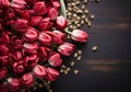 Red pink tulips on rustic wooden table. Valentine\'s day. AI generated Royalty Free Stock Photo