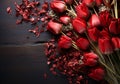 Red pink tulips on rustic wooden table. Valentine\'s day. AI generated Royalty Free Stock Photo