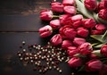 Red pink tulips on rustic wooden table. Valentine\'s day. AI generated Royalty Free Stock Photo