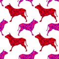 Red, pink and violet oxen cows geometric outline looking right and left. Animal geometric triangle outline seamless pattern on