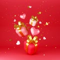 Red, pink and white gift boxes and hearts falling on red background Royalty Free Stock Photo