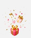 Red, pink and white gift boxes and hearts falling on light background Royalty Free Stock Photo