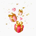 Red, pink and white gift boxes and hearts falling on light background Royalty Free Stock Photo