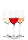 Red, pink and white wine in glasses