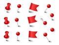 Red pins tacks flags. Attach buttons on needles, pinned office thumbtack. Vector illustration. Royalty Free Stock Photo