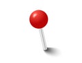 Red pins tacks flags. Attach buttons on needles, pinned office thumbtack. Vector illustration. Royalty Free Stock Photo