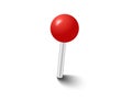 Red pins tacks flags. Attach buttons on needles, pinned office thumbtack. Vector illustration.