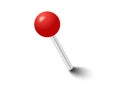 Red pins tacks flags. Attach buttons on needles, pinned office thumbtack. Vector illustration.