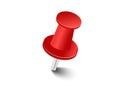 Red pins tacks flags. Attach buttons on needles, pinned office thumbtack. Vector illustration.