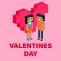 Red pixel heart flower with sweet couple. Love isometric concept. Valentines day Royalty Free Stock Photo