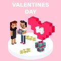 Red pixel heart flower with sweet couple. Love isometric concept. Valentines day Royalty Free Stock Photo