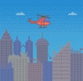 Red pixel helicopter in blue sky over buildings. High speed vehicle in pixel-game on city background