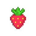 Red pixel strawberry. Sweet berry with yellow seeds and green tail