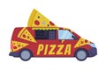 Red Pizza Food Truck as Equipped Motorized Vehicle for Cooking and Selling Street Food Vector Illustration