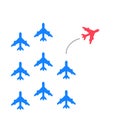 Red plane changes direction. New idea, trend, change, courage, innovation and unique concept of the path, new thinking