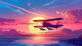 A red plane flies over the sea at sunset. Parallax modern background ready for 2D animation with a cartoon illustration Royalty Free Stock Photo