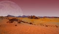 Red planet with arid landscape, rocky hills and mountains, and a giant Mars-like moon at the horizon Royalty Free Stock Photo