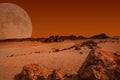 Red planet with arid landscape, rocky hills and mountains