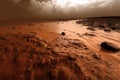 Red planet landscape with water in soil. Mars colonization. Generative AI